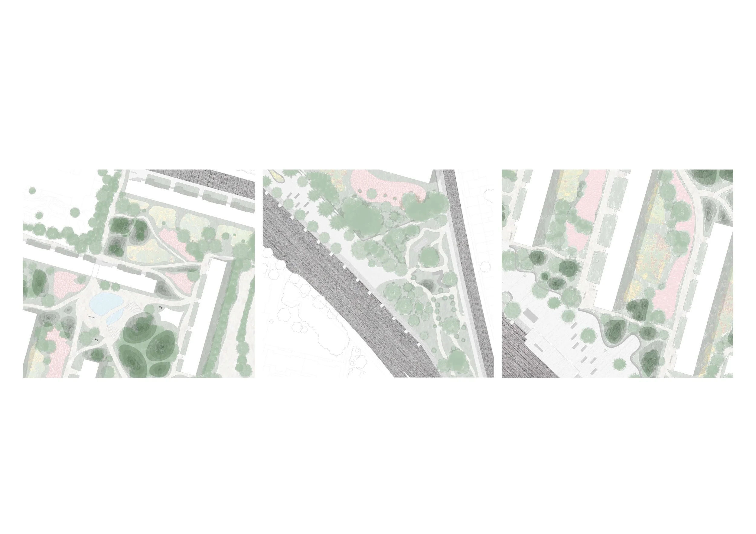 Three segments of a landscape or park plan showing pathways, trees, greenery, and some buildings in the background.