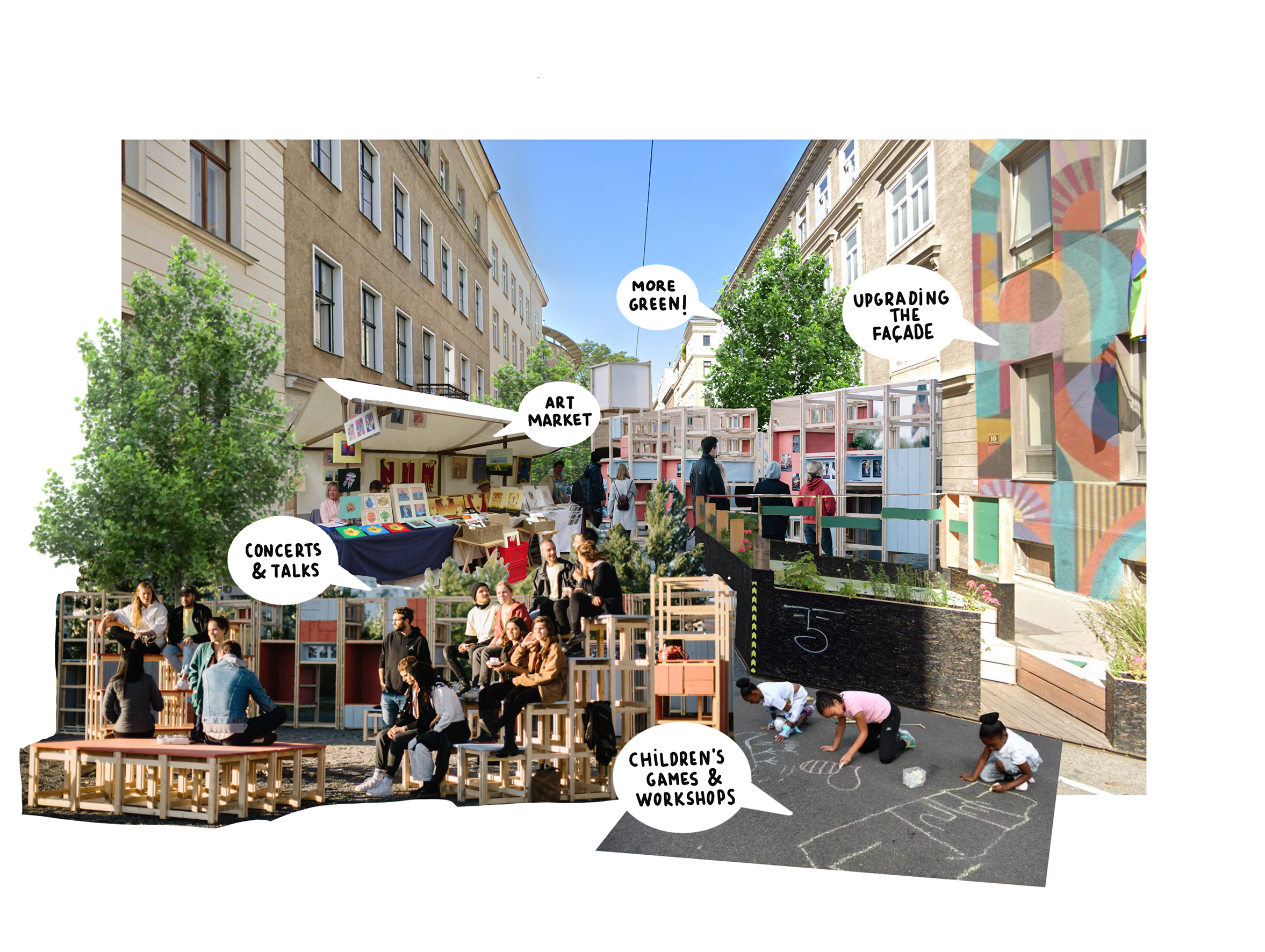 People attending an outdoor art market with children playing and chalk drawings on the ground, surrounded by buildings and trees, with signs indicating art, music, and workshops.