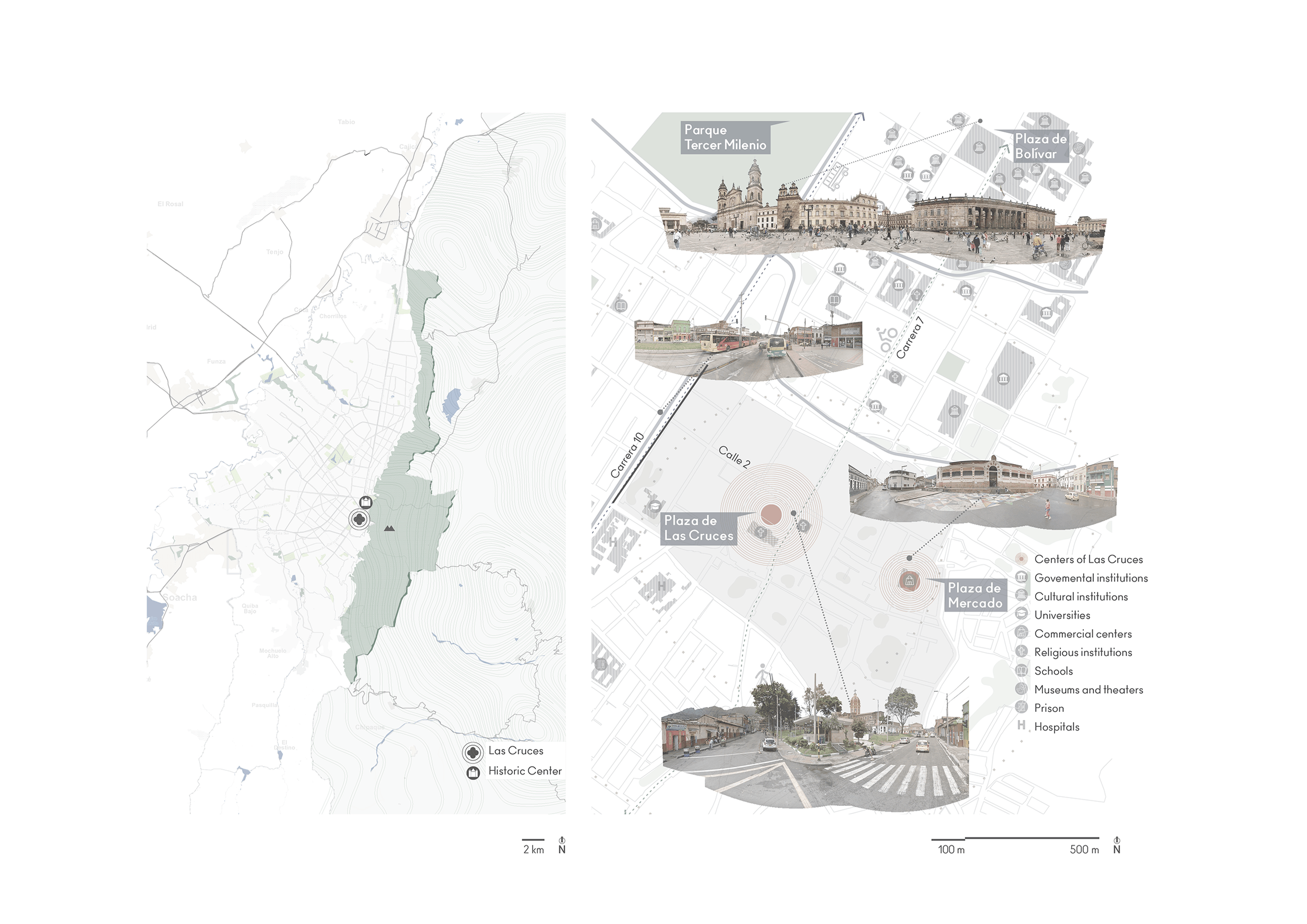 Map and urban analysis of Las Cruces within Bogotá, highlighting key sites like Parque Tercer Milenio, Plaza de Bolívar, Plaza de Las Cruces, and Plaza de Mercado, including photos of these locations, transportation, and various institutions.
