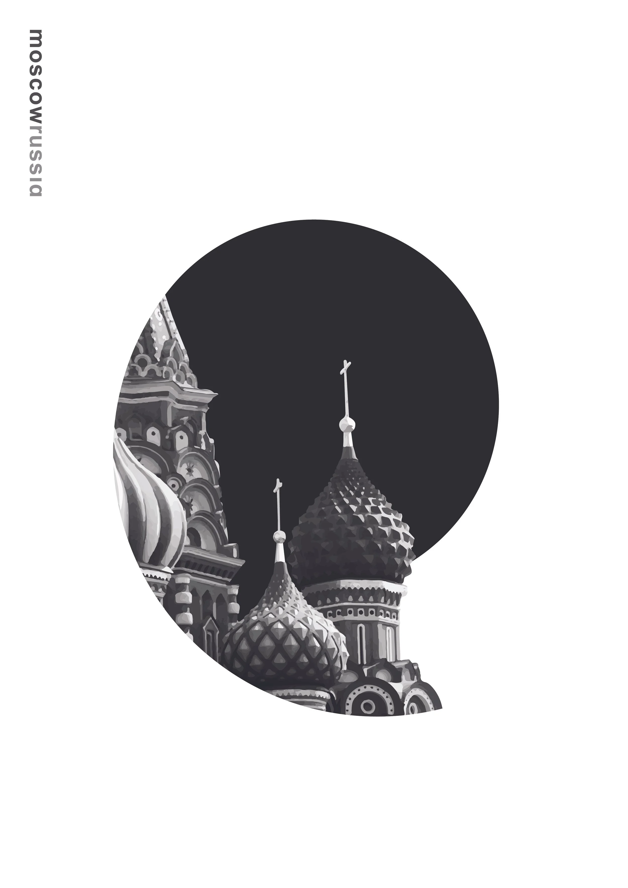 Black and white illustration of Saint Basil's Cathedral in Moscow, Russia, with distinctive onion domes.