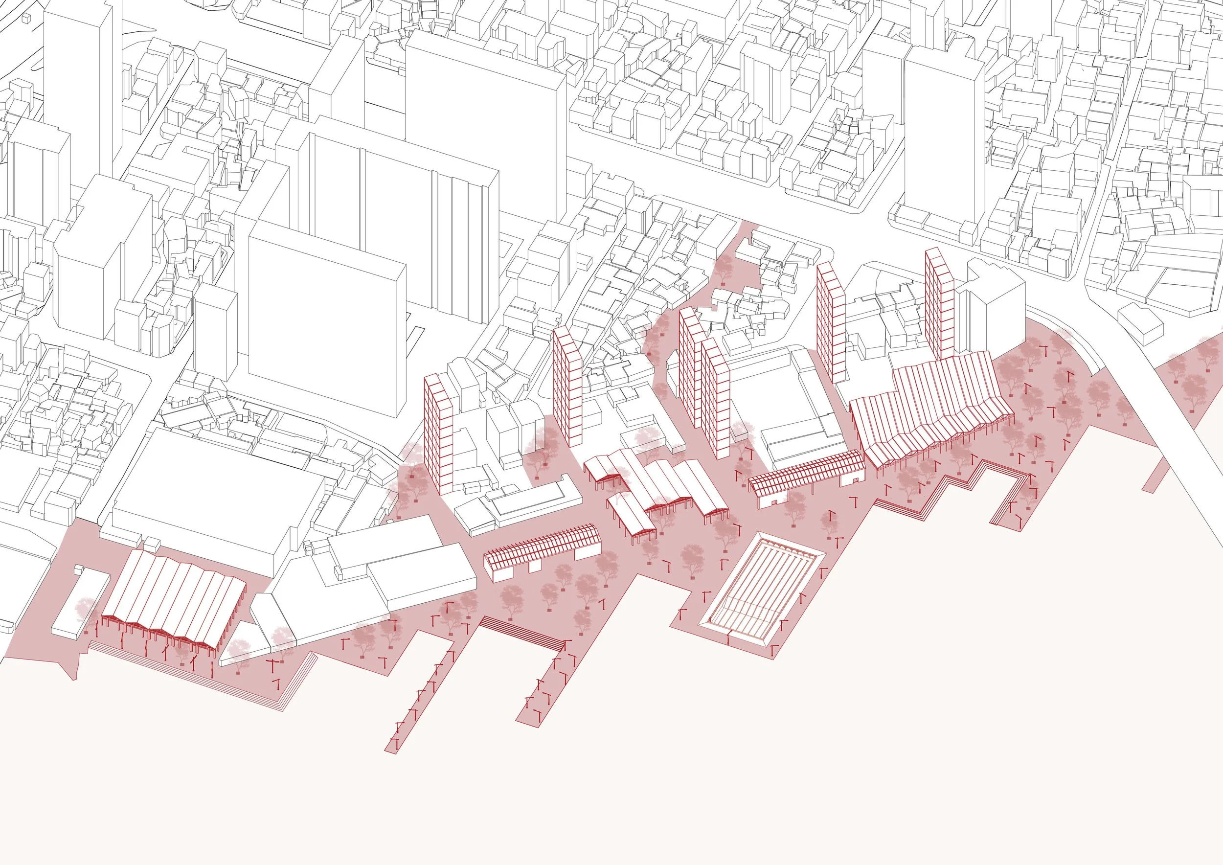 A digital architectural drawing of an urban waterfront area showcasing buildings, open spaces, and pathways with red outlines and shading.