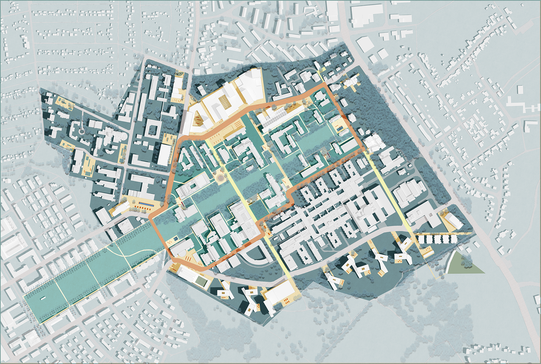 Collaboration in the design competition for the extension of the Medical Campus Lübeck, Germany, as the urban design team lead. © BUSarchitektur & BOA, 2022