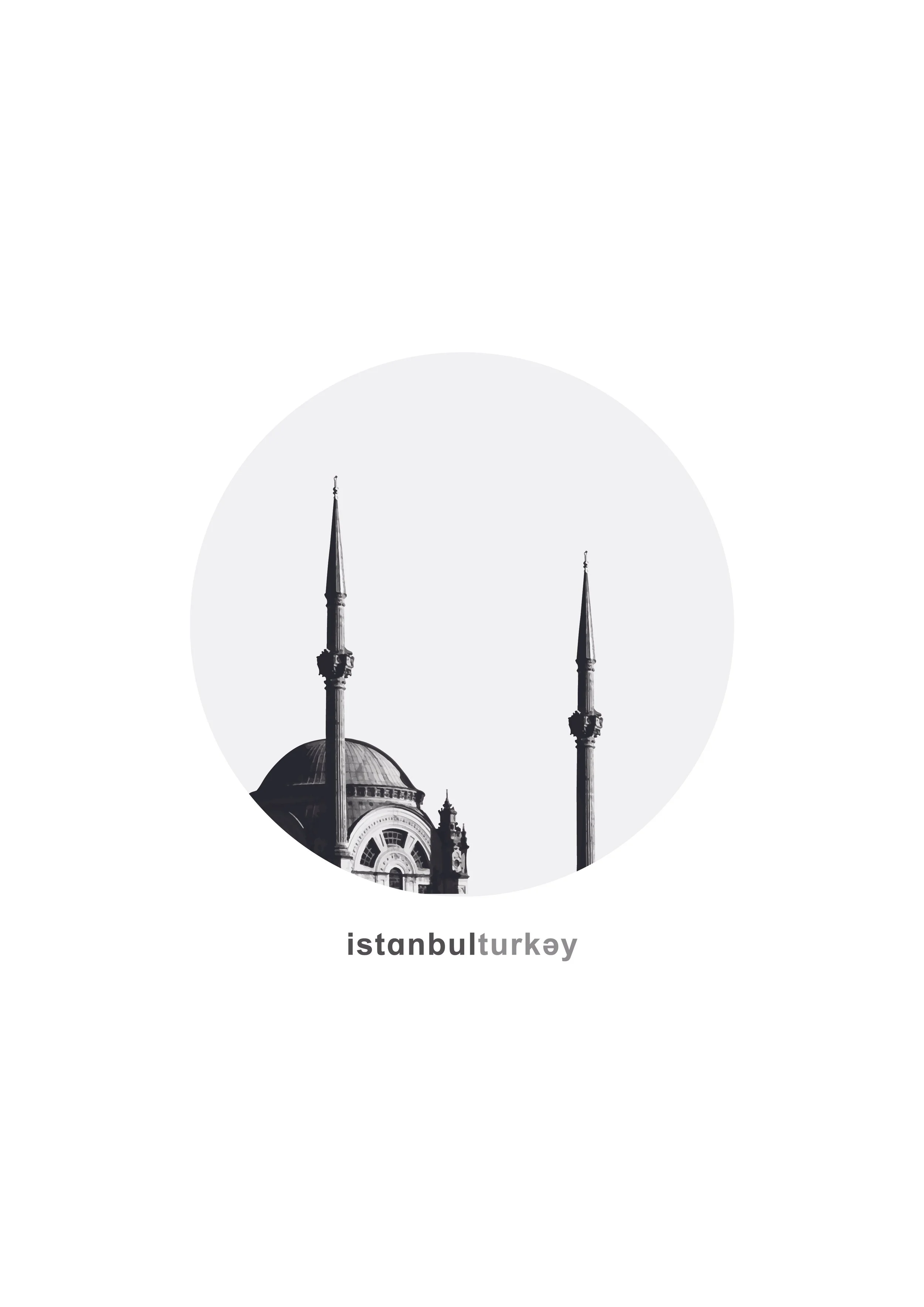 Black and white photo of a mosque with two tall minarets and a central dome, with the word 'istanbulturkey' written underneath.