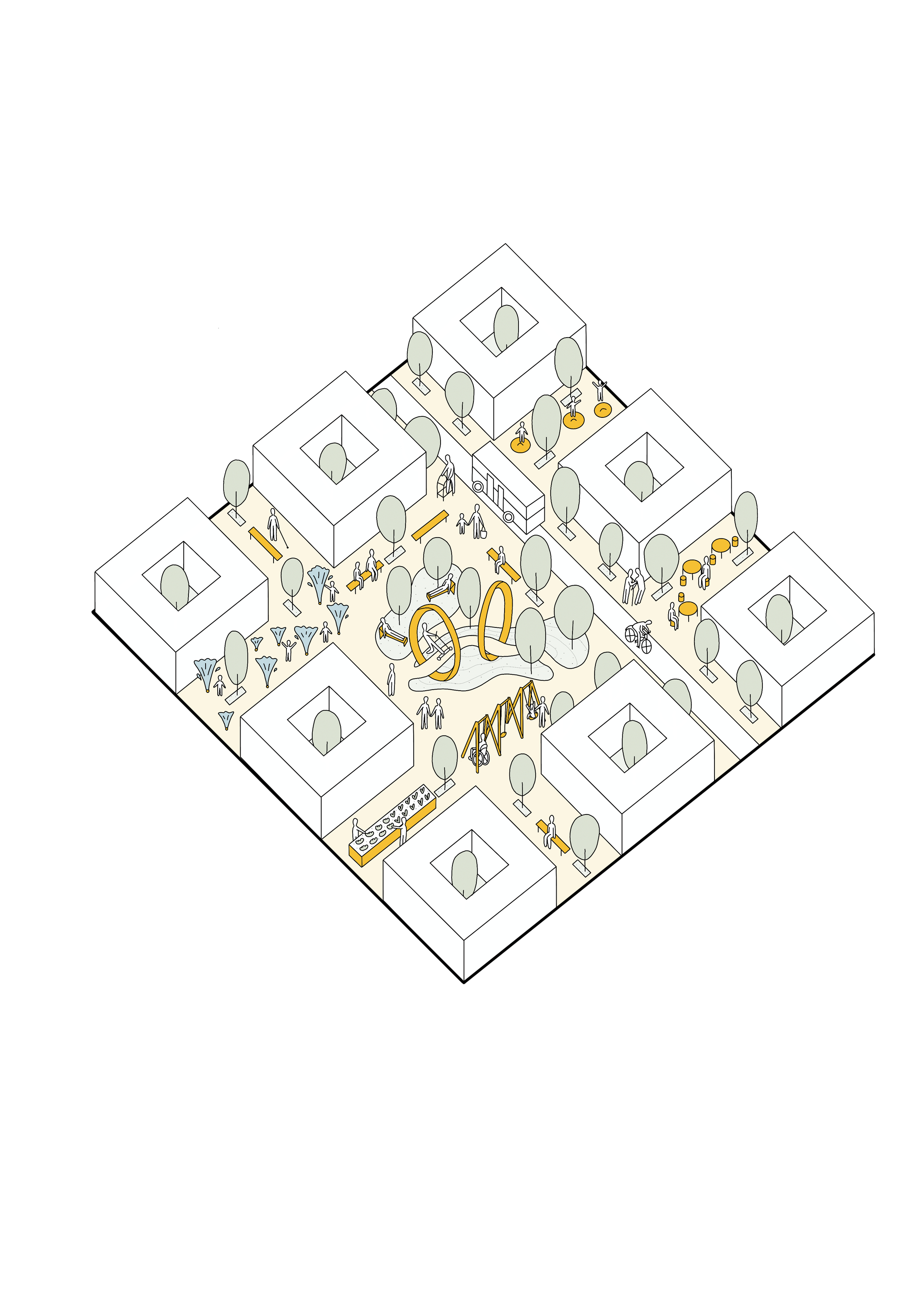 Isometric illustration of a modern outdoor community space with pathways, trees, benches, fountains, and playground equipment, surrounded by rectangular buildings.