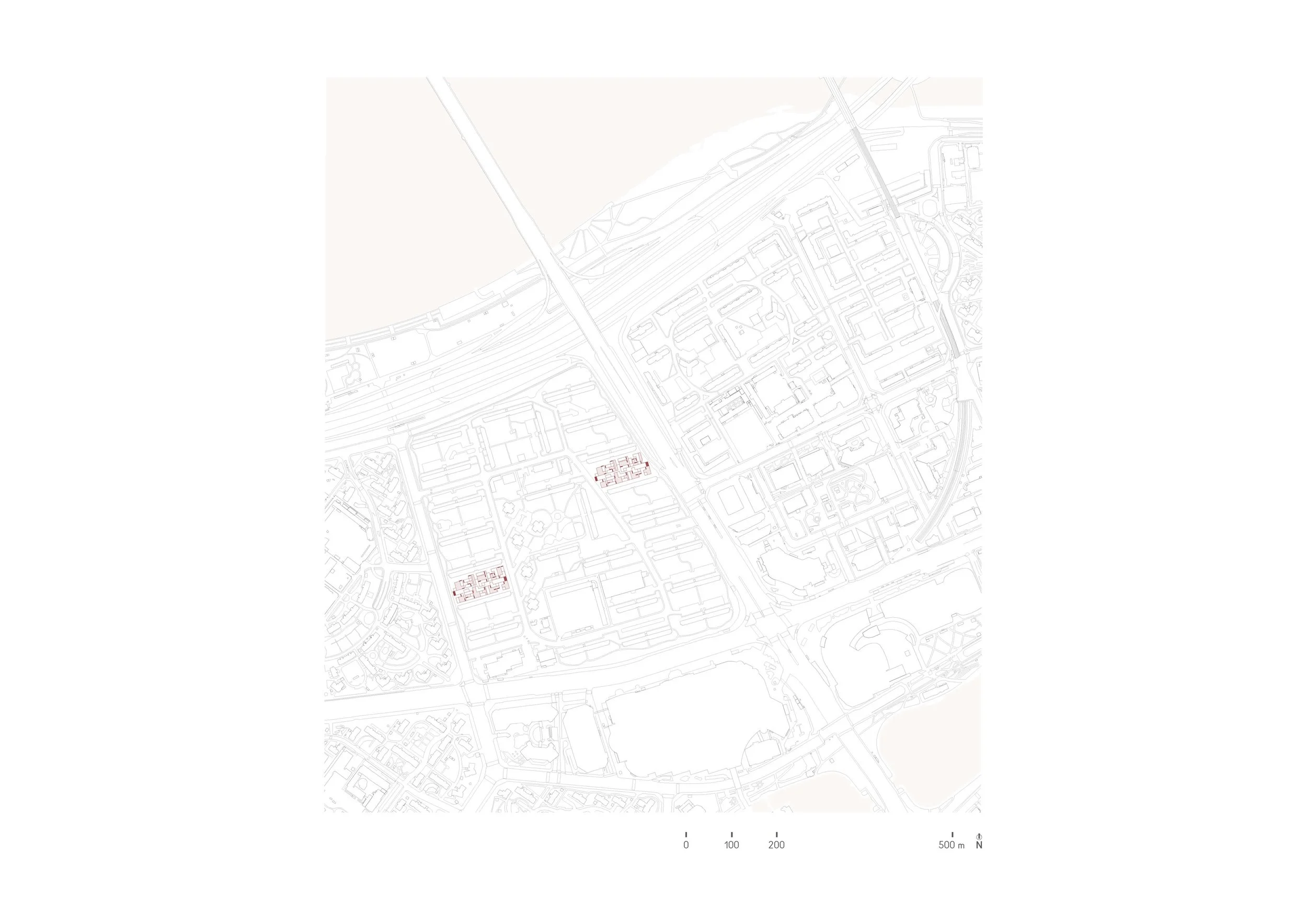 A detailed city map showing street layouts, buildings, and two highlighted areas marked in red.