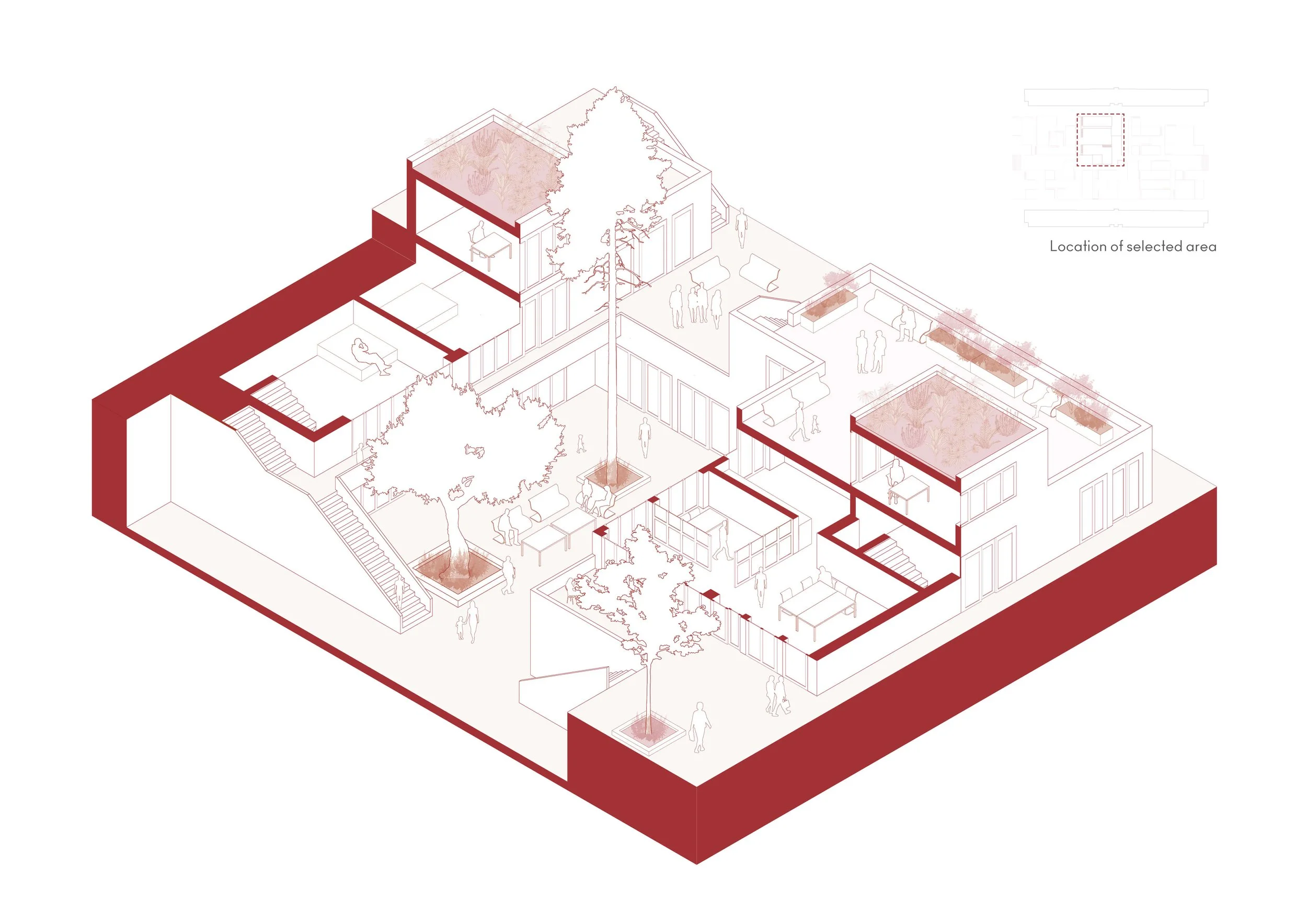 Isometric architectural diagram of a building with people, trees, and interior design elements, highlighting the selected area.