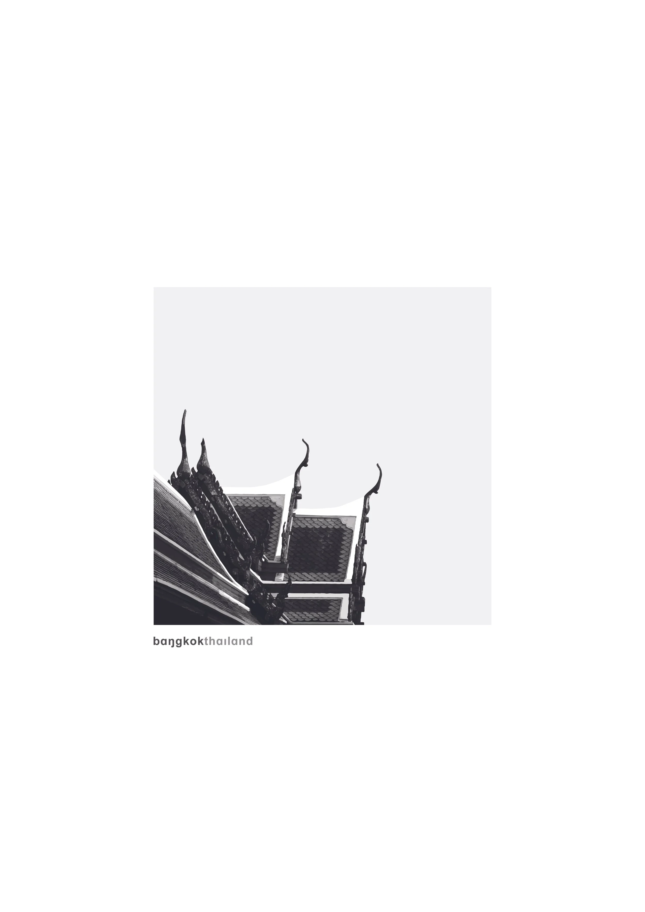 Black and white illustration of traditional Thai temple rooftops in Bangkok, Thailand, with upward-curving ornate roof edges.
