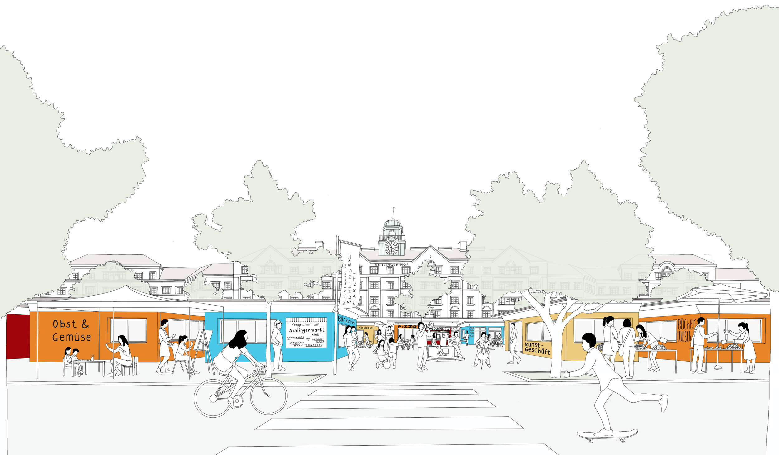 A colorful illustration of an outdoor market scene with various stalls and people shopping, set against a historic building with a clock tower in the background.