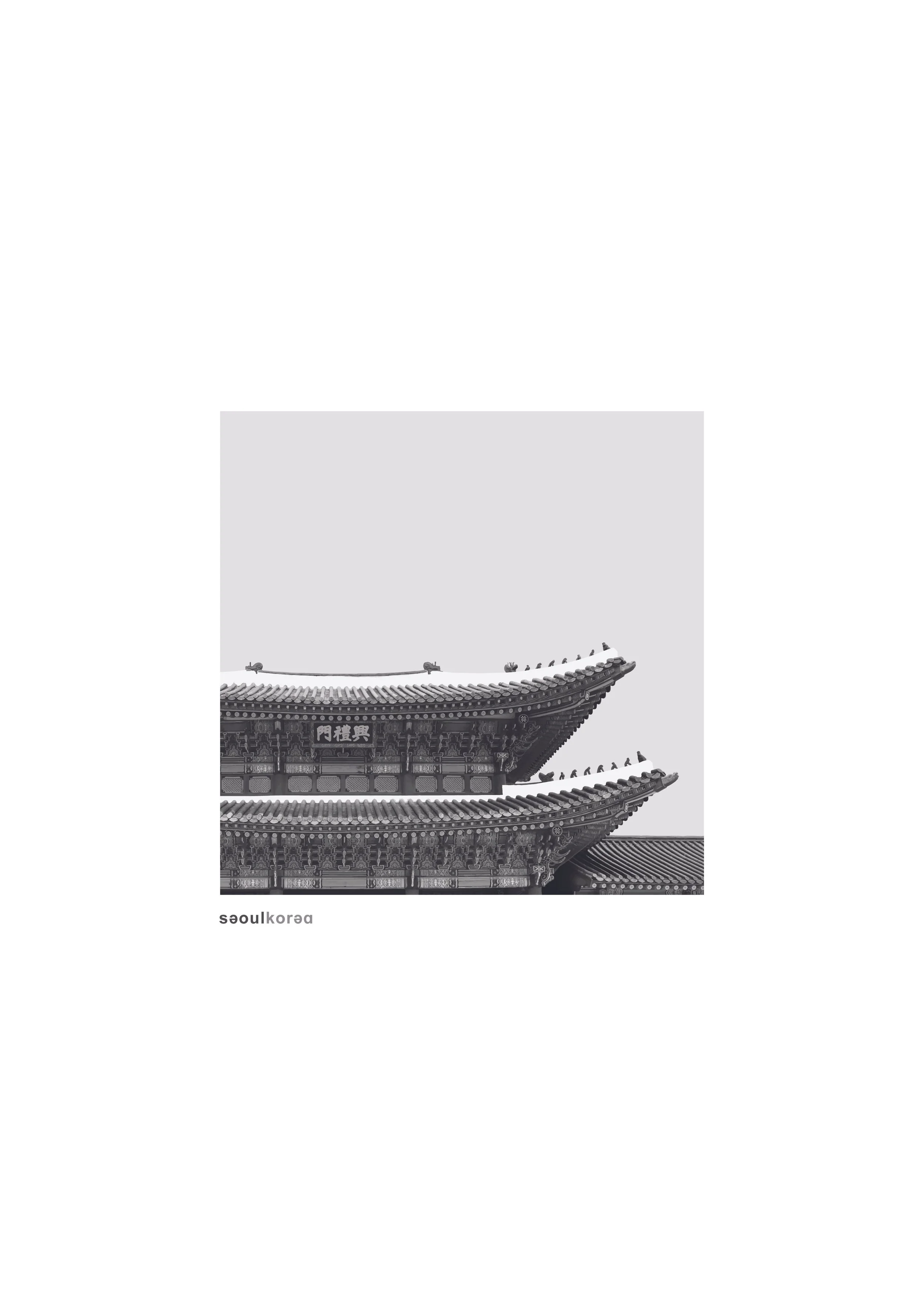 Black and white photo of traditional Korean temple roof with intricate wooden details and Korean characters on a sign, with the text 'seoulkorea' at the bottom.