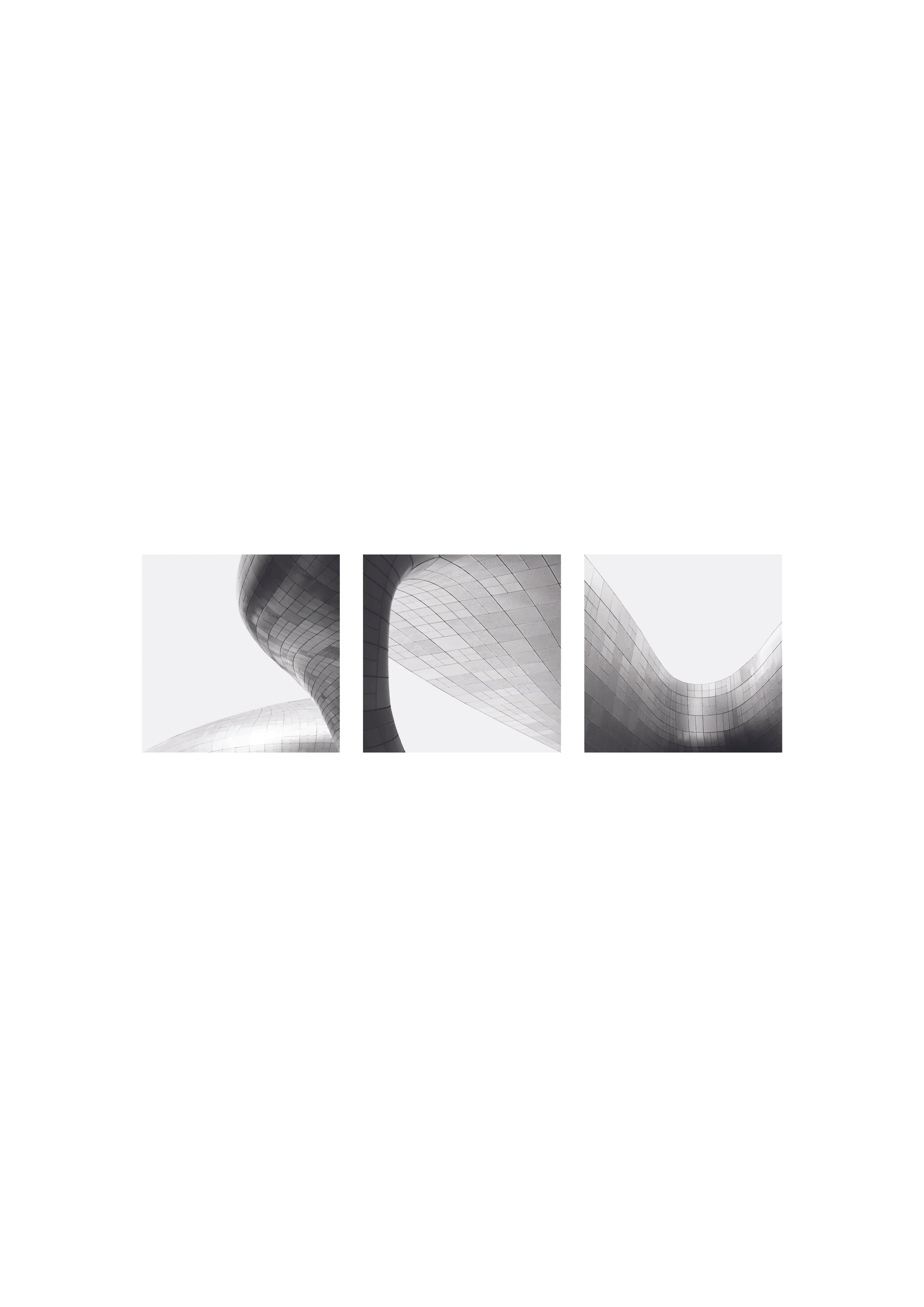 A triptych of black-and-white photographs showcasing modern architectural structures with smooth, flowing curves and grid-patterned surfaces.
