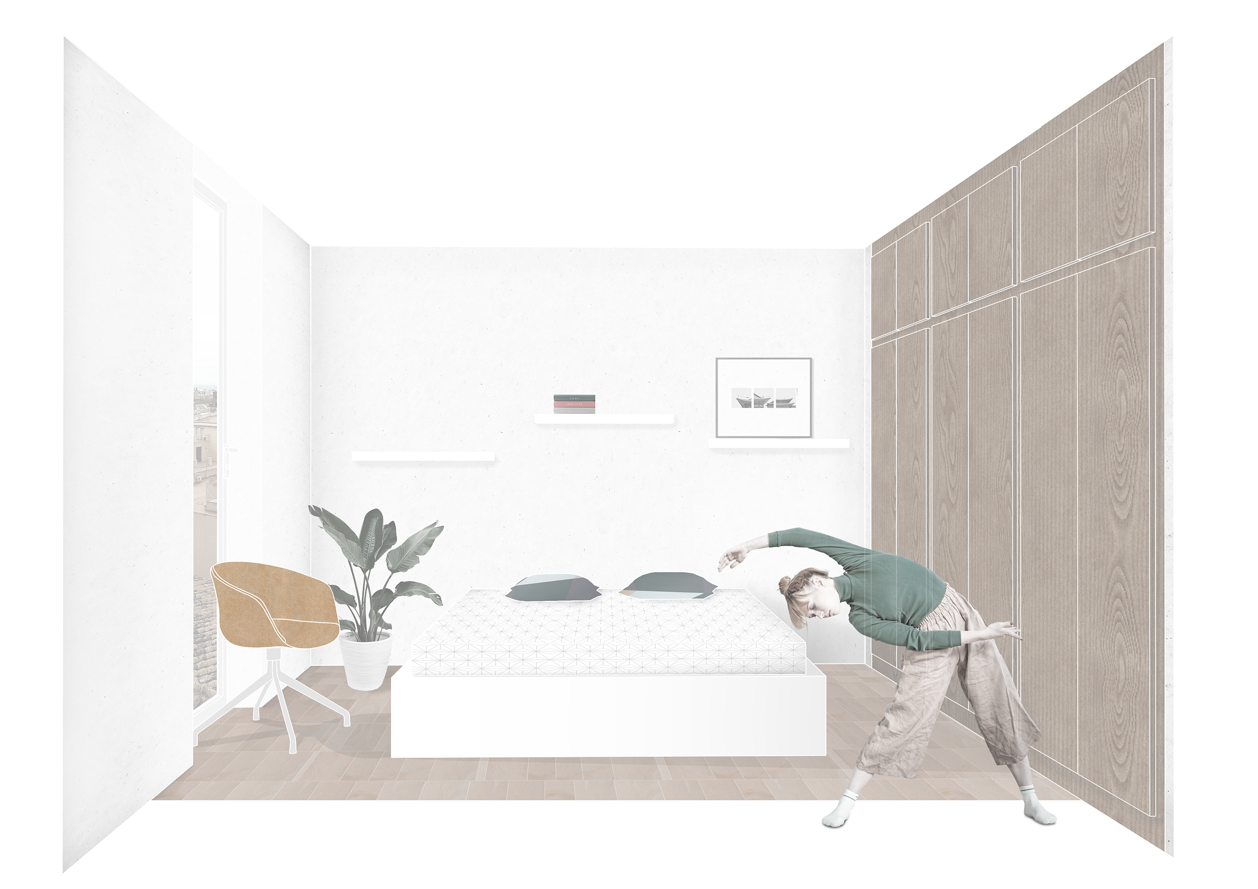 Interior of a modern, minimalist bedroom with a person stretching or exercising, a plant in a pot, a white bed with two pillows, a chair with a beige cushion, a floating white shelf with books, and framed art on the walls.