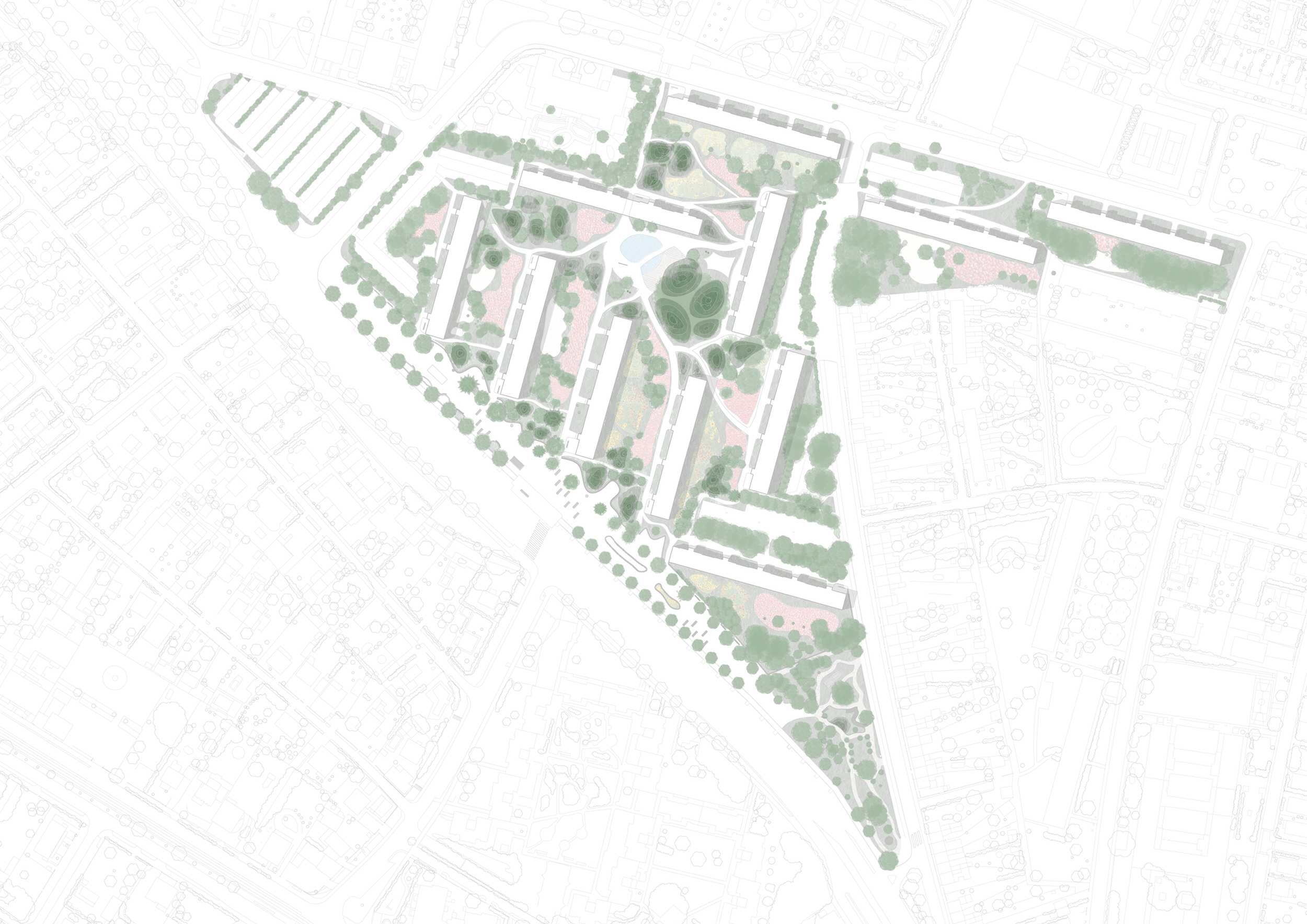 A detailed general plan of a large urban park with pathways, green spaces, trees, water features, and surrounding buildings.