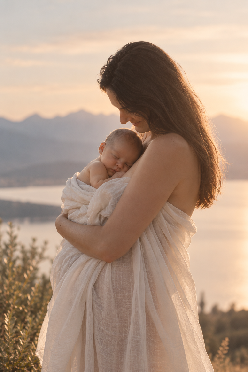 A woman holding a sleeping baby close to her chest outdoors during sunset.
