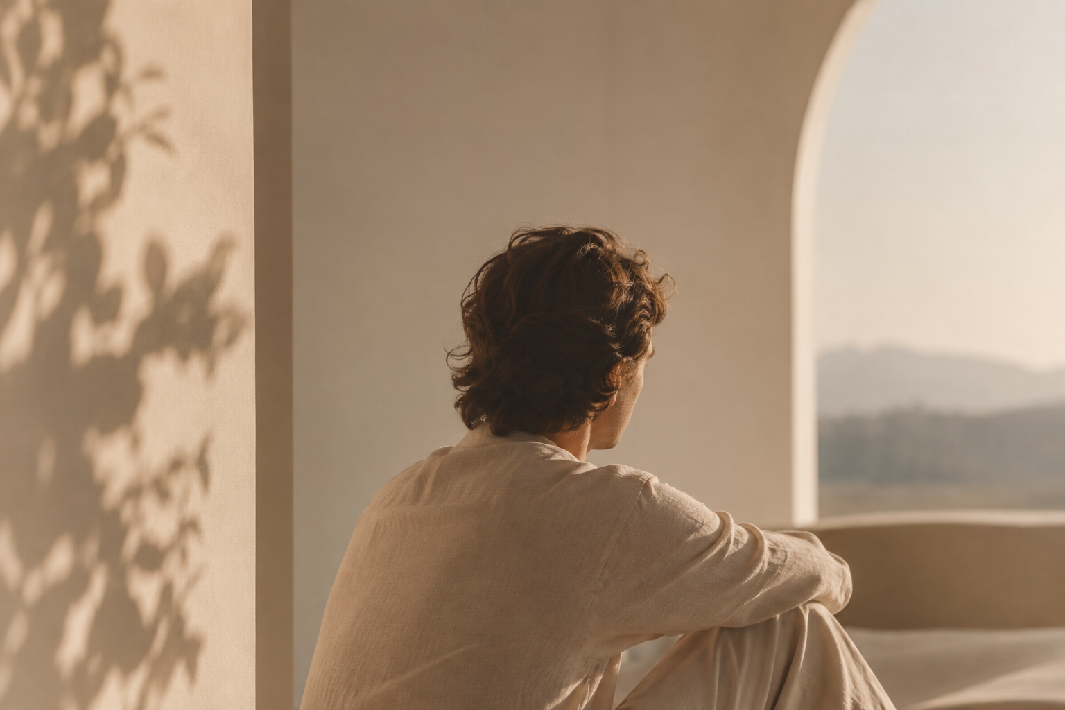 A person with curly hair sitting on a windowsill, looking out at the landscape in the distance, with soft sunlight casting shadows on the wall.