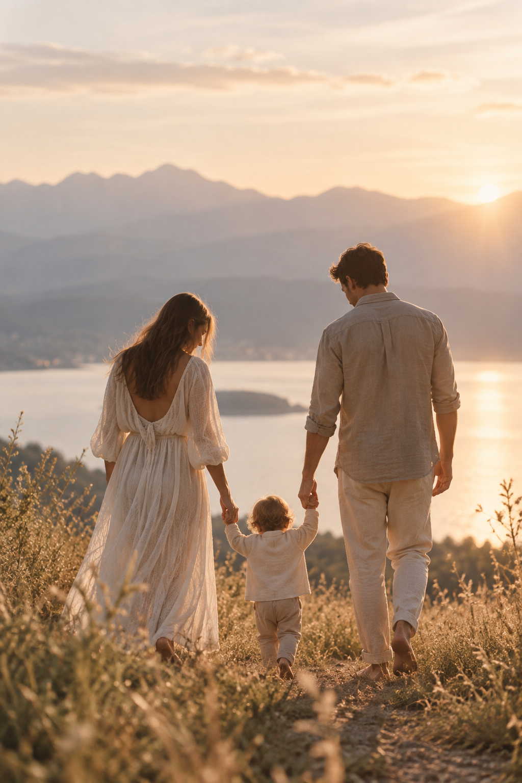 A family of three, a woman, a man, and a young child, holding hands and walking on a dirt path through a grassy field at sunset with mountains and a lake in the background.