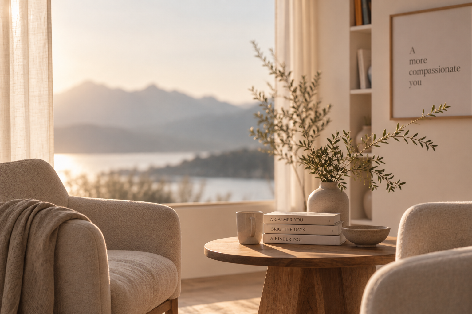 Cozy living room with beige sofa and armchair, round wooden coffee table with books, mug, and bowl, large window showing mountains and water, seascape in sunset light, framed quote on wall, indoor plant.