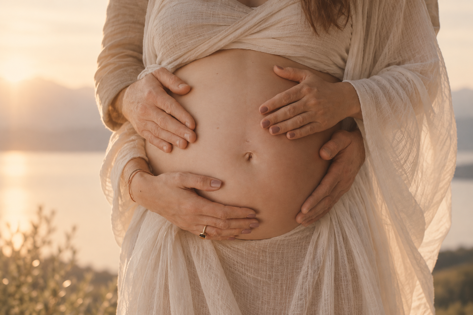 Close-up of a pregnant woman's belly with multiple hands gently touching and cradling it, outdoors during sunset.