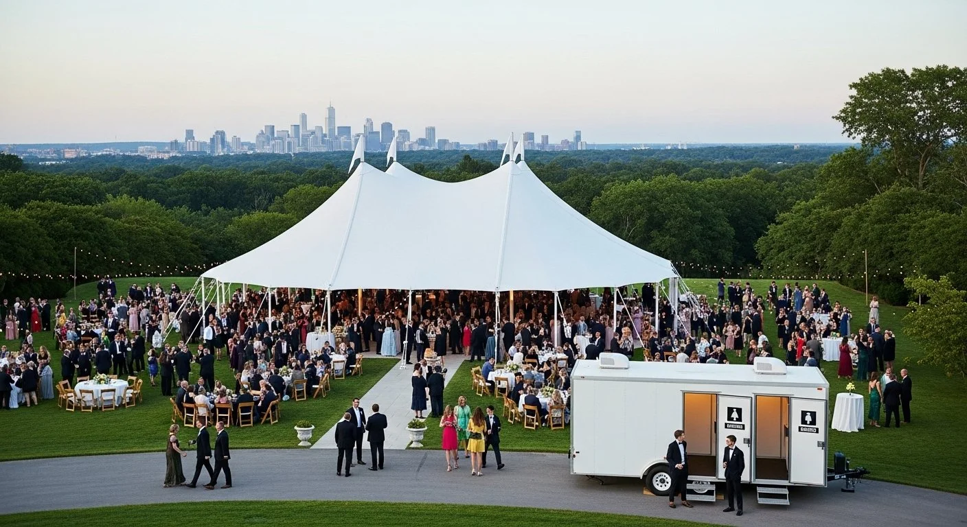 Large outdoor wedding with a restroom trailer, high peak tent, lots of guests, and a city landscape in the background.