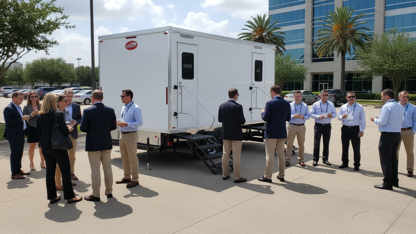 Office workers taking a break outside by a portable restroom triailer.