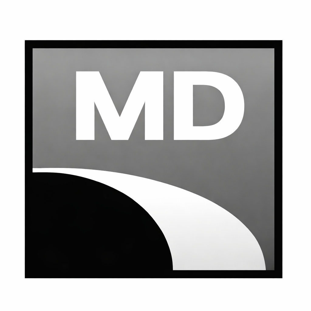 Logo en noir, blanc et gris avec les lettres 'MD' croissant, dans un cadre carré.