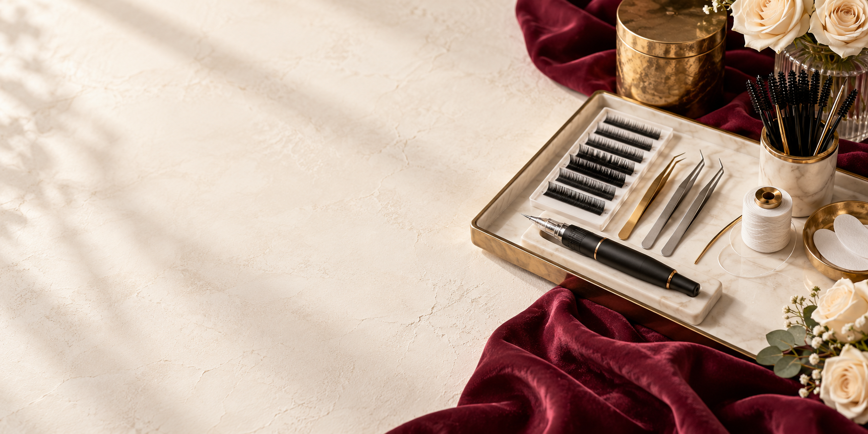 Eyelash extension tools and supplies arranged on a marble tray with white roses and burgundy fabric