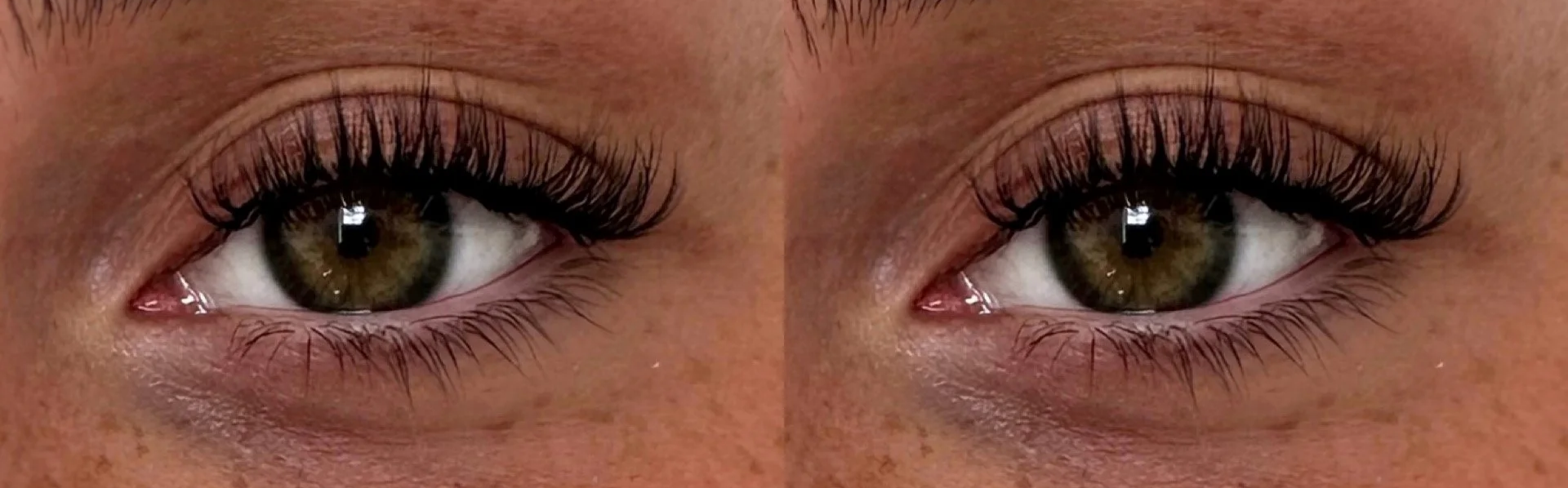 Close-up of green-hazel eyes with long dark eyelashes and subtle eye makeup