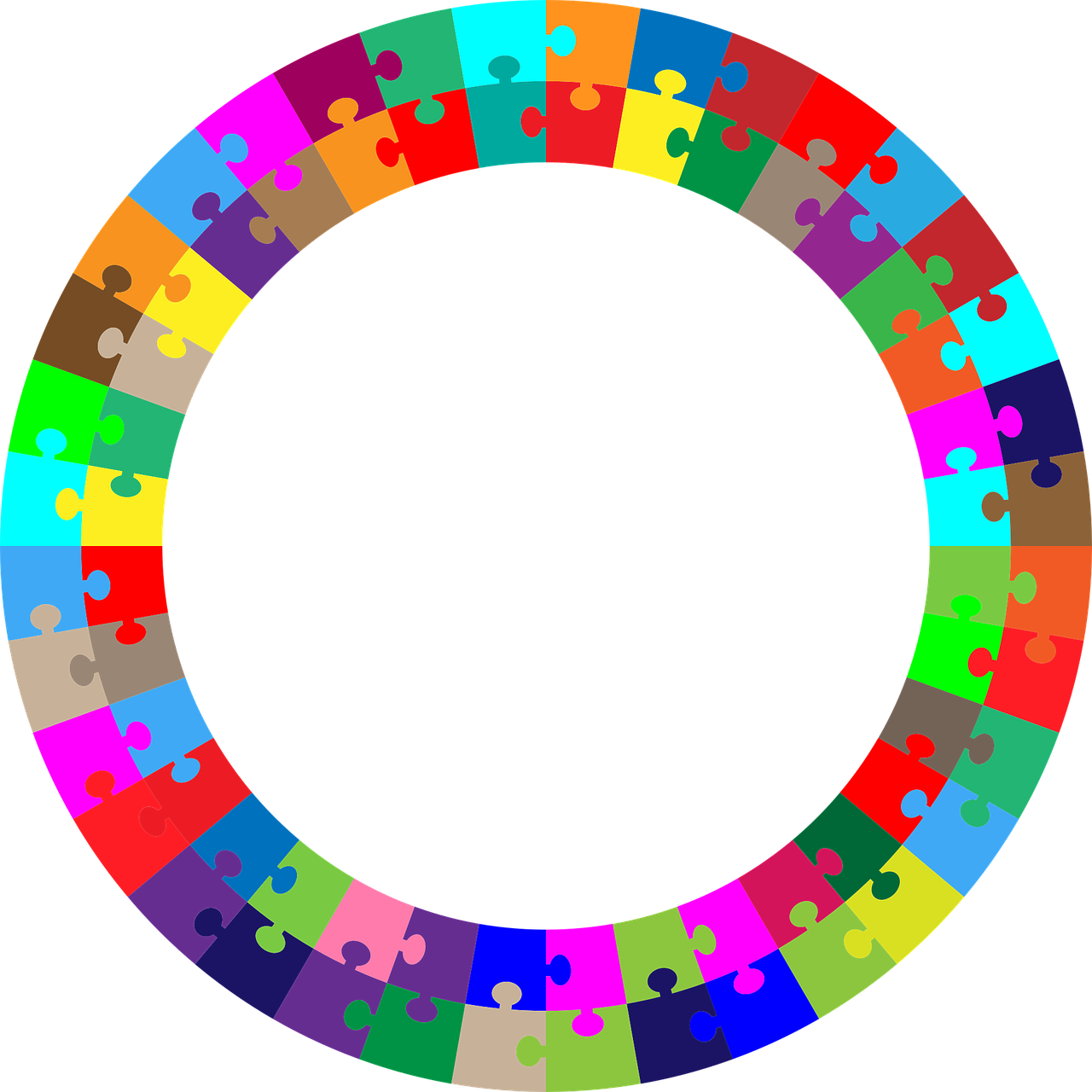 Colorful jigsaw puzzle circle surrounding a rectangular green and orange box.