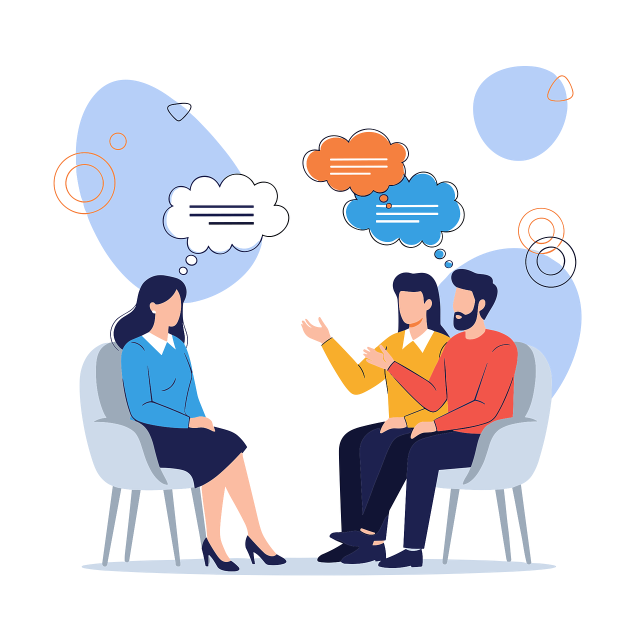 Two people having a conversation with a woman on the left and a man on the right, all seated in chairs. Speech bubbles above their heads indicate they are talking, with the woman and one side of the man having blue speech bubbles and the other side of the man having orange speech bubbles. The background contains blue circles and line art accents.