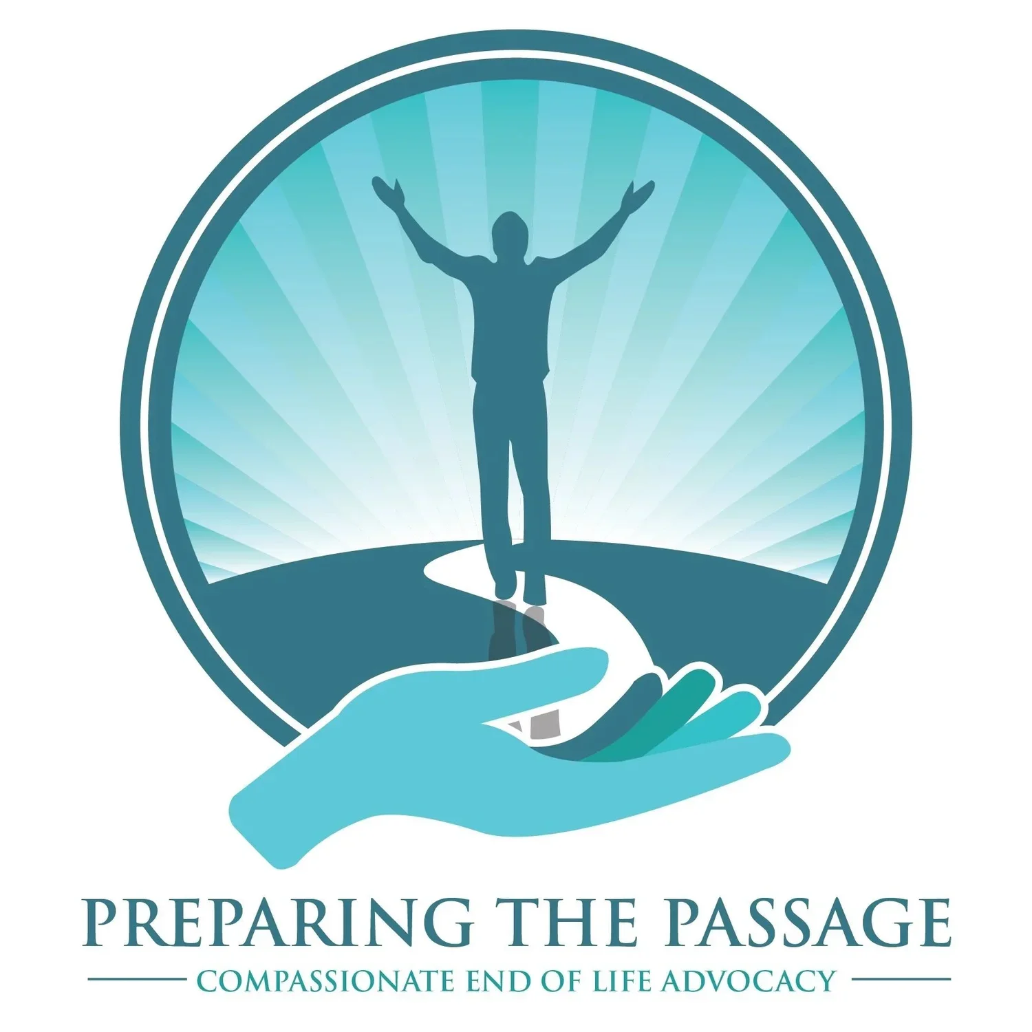 A graphic logo featuring a hand holding a circular emblem with a person standing on a path with arms raised, backlit by radial lines, with the text 'PREPARING THE PASSAGE' and 'Compassionate End of Life Advocacy' at the bottom.