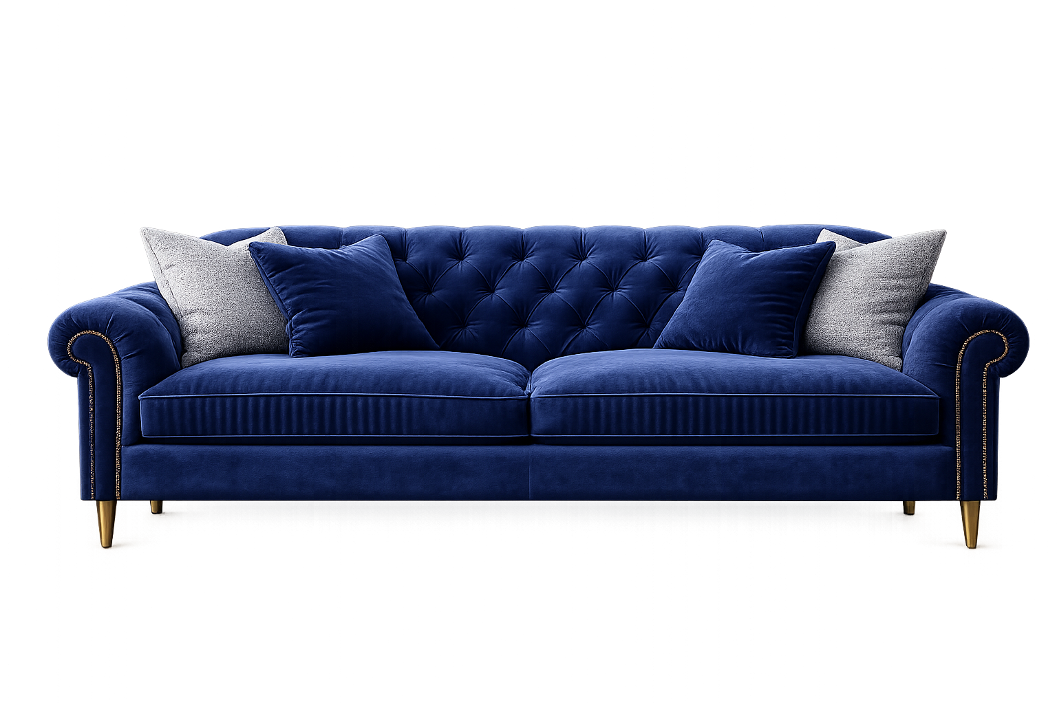 A luxurious blue velvet sofa with tufted backrest and cushions, set against a dark background with red and purple neon lights.