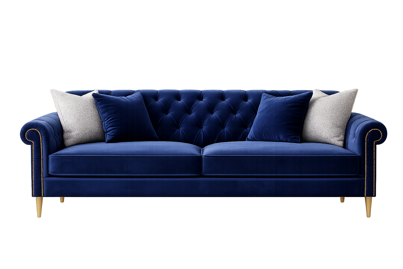 Elegant blue velvet sofa with tufted backrest, gold nailhead trim, and gold legs, adorned with four throw pillows in shades of blue and gray.