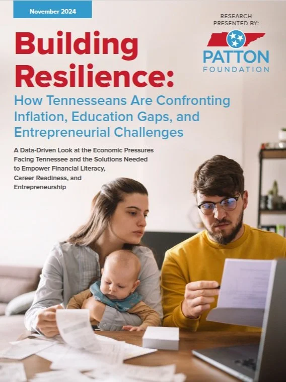 Cover of a report titled "Building Resilience: How Tennesseans Are Confronting Inflation, Education Gaps, and Entrepreneurial Challenges." It includes a photo of a couple with a baby, looking at papers, and mentions the Patton Foundation. The date November 2024 is shown.