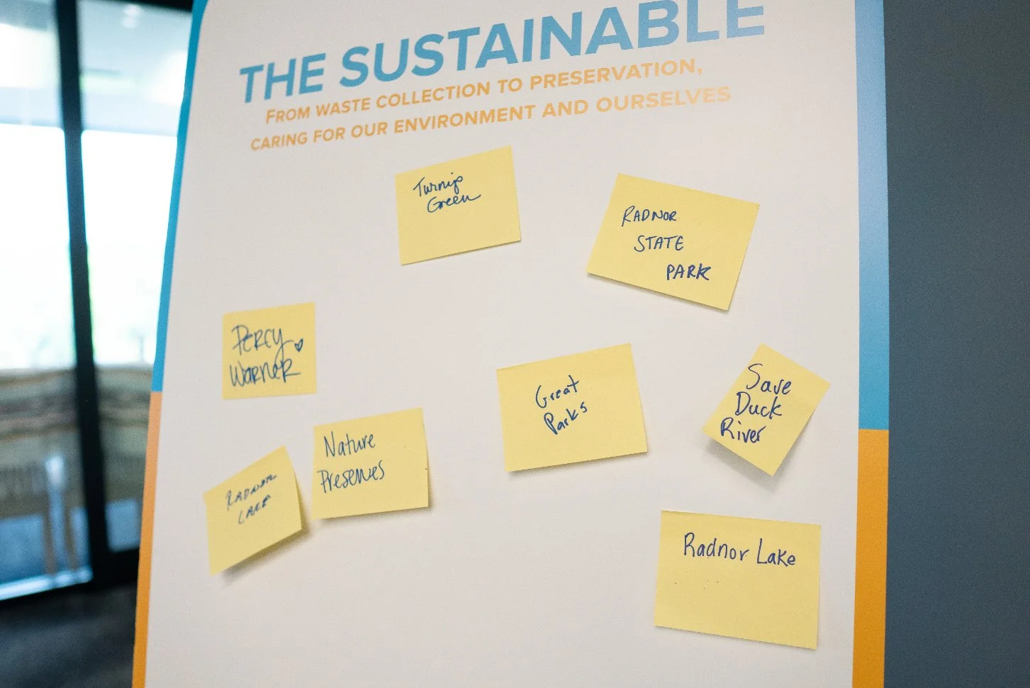 A board titled 'The Sustainable' with sticky notes about environmental preservation, including 'Turning Green,' 'Radnor State Park,' 'Percy Warner,' 'Nature Preserves,' 'Lakeside Lake,' 'Great Parks,' 'Save Duck River,' and 'Radnor Lake.'