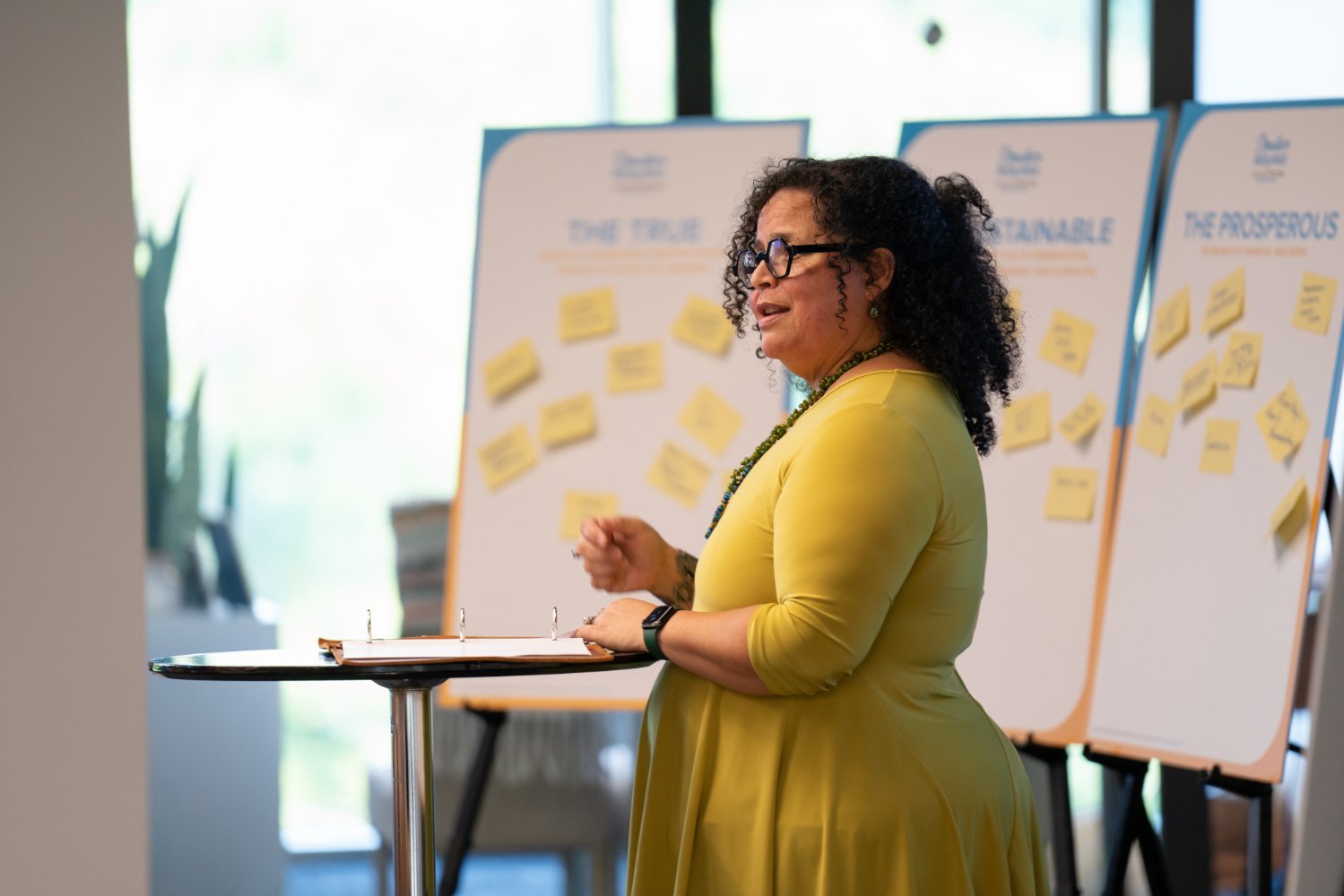 Woman in yellow dress standing at a small table, speaking, with whiteboards covered in yellow sticky notes behind her.