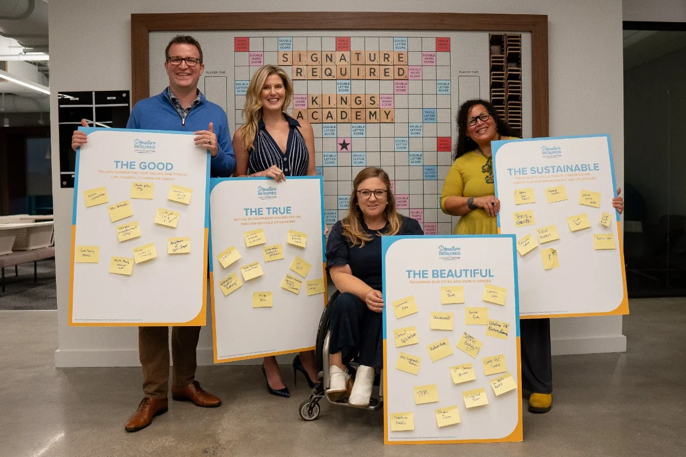 Five people posing with large boards with sticky notes and a Scrabble board in the background.
