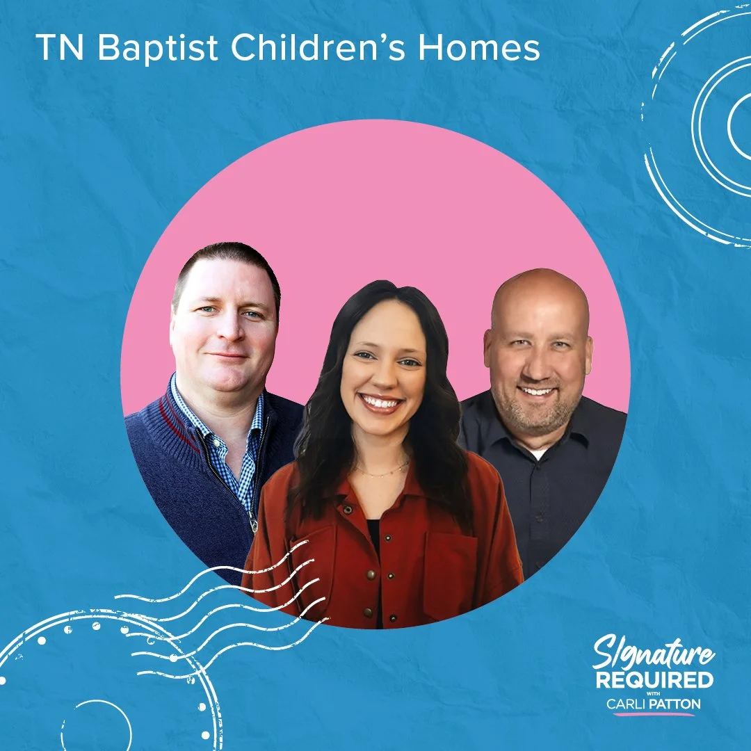 Two men and one female smiling with a blue and pink block background.