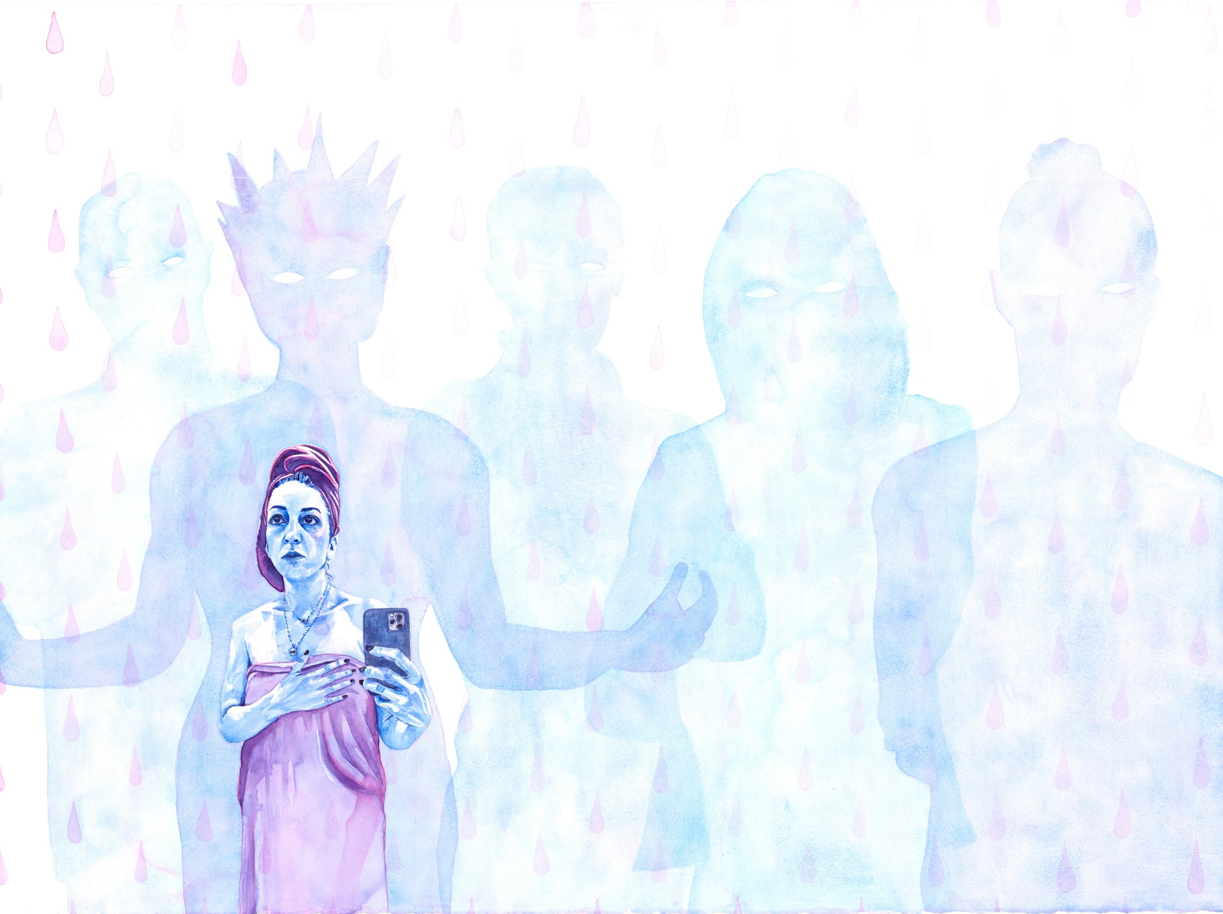 Bathroom selfie (never alone), 2024, Watercolour on paper, 66 x 56 cm