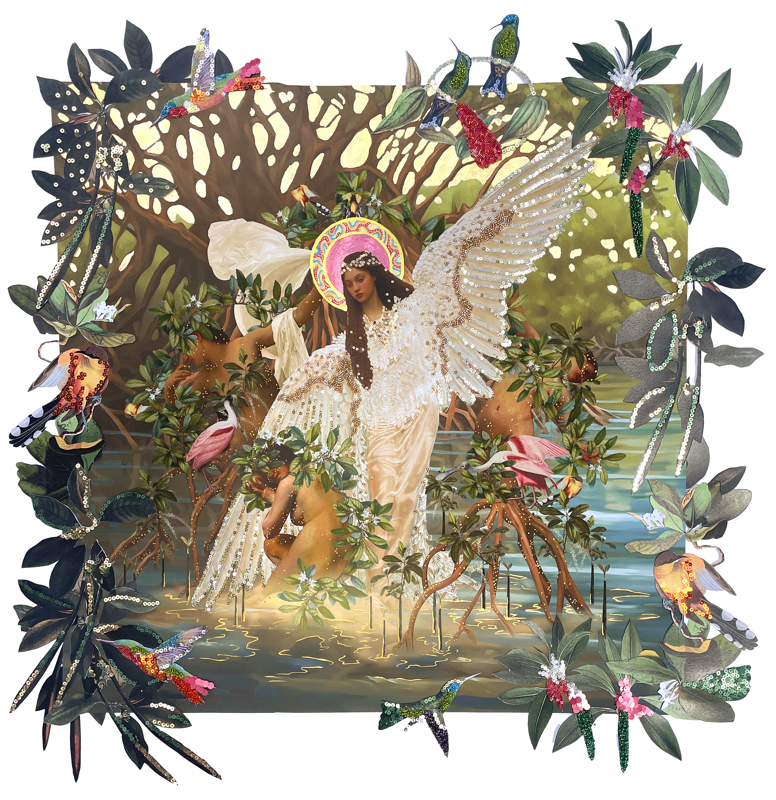 The Gaulin of Bonefish Pond
(2024)
digital collage, watercolor, acrylic paint, sequin, beads
36" x 36"