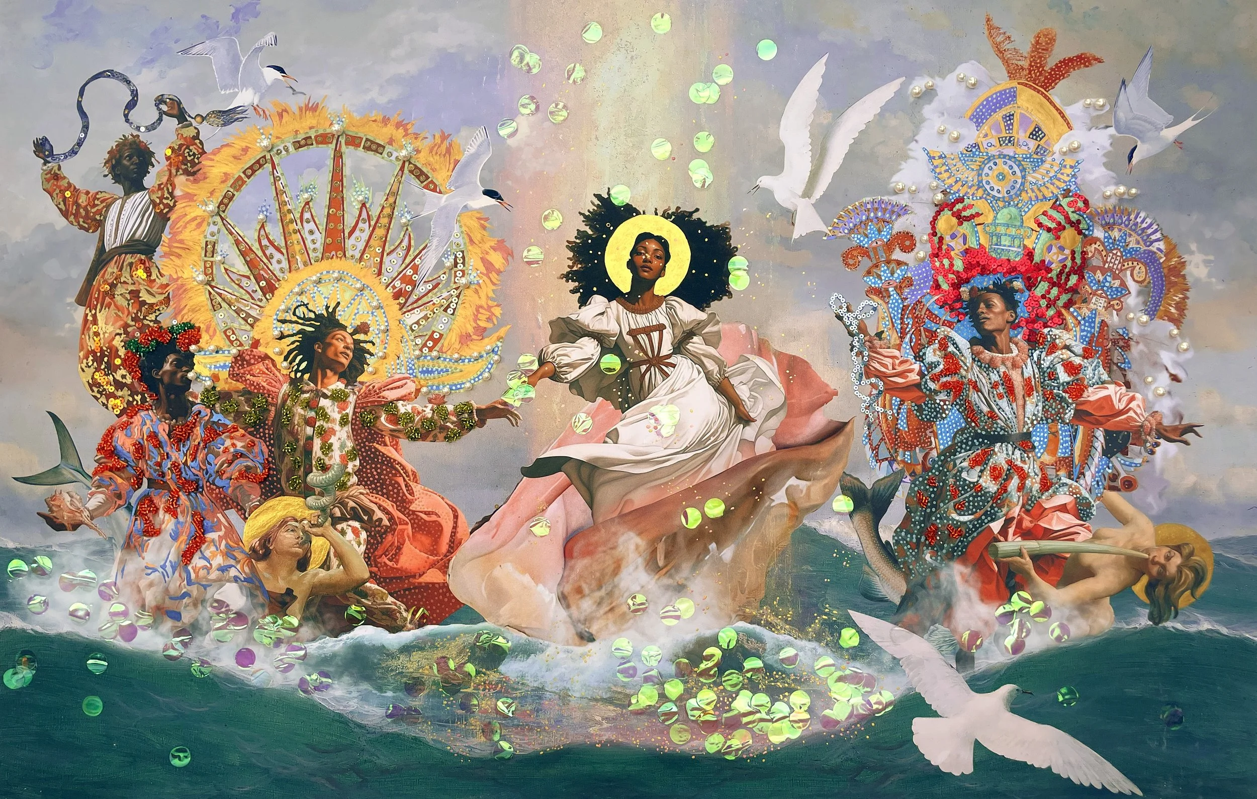 Birth of Greenleaf
(2024)
digital collage, watercolor, acrylic paint, sequin, beads
27" x 40"