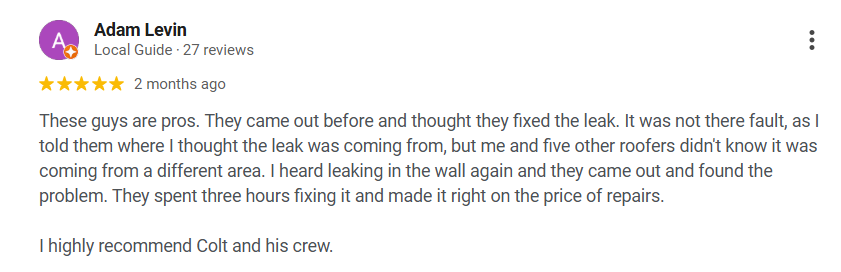 Screenshot of a positive online review for a roofing service, describing the thoroughness and professionalism of the crew.