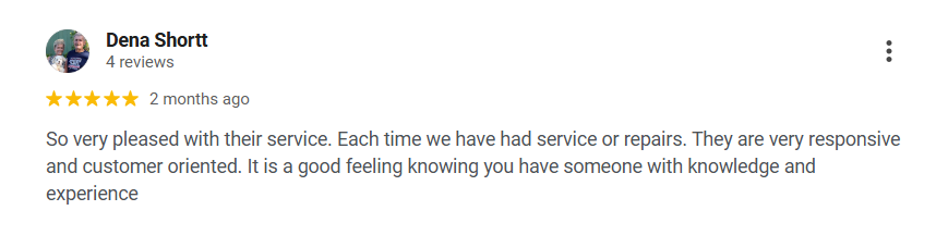 Screenshot of a 5-star review by Dena Shortt praising responsive and customer-oriented service