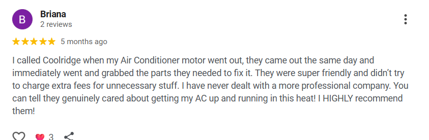 Screenshot of a five-star review by Briana about Coolridge, praising their prompt service for air conditioner repair, noting their professionalism and care.