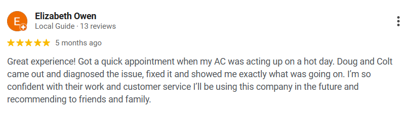 Screenshot of a five-star review from Elizabeth Owen on a local guide platform, praising the HVAC technicians Doug and Colt for their diagnosis and repair service.