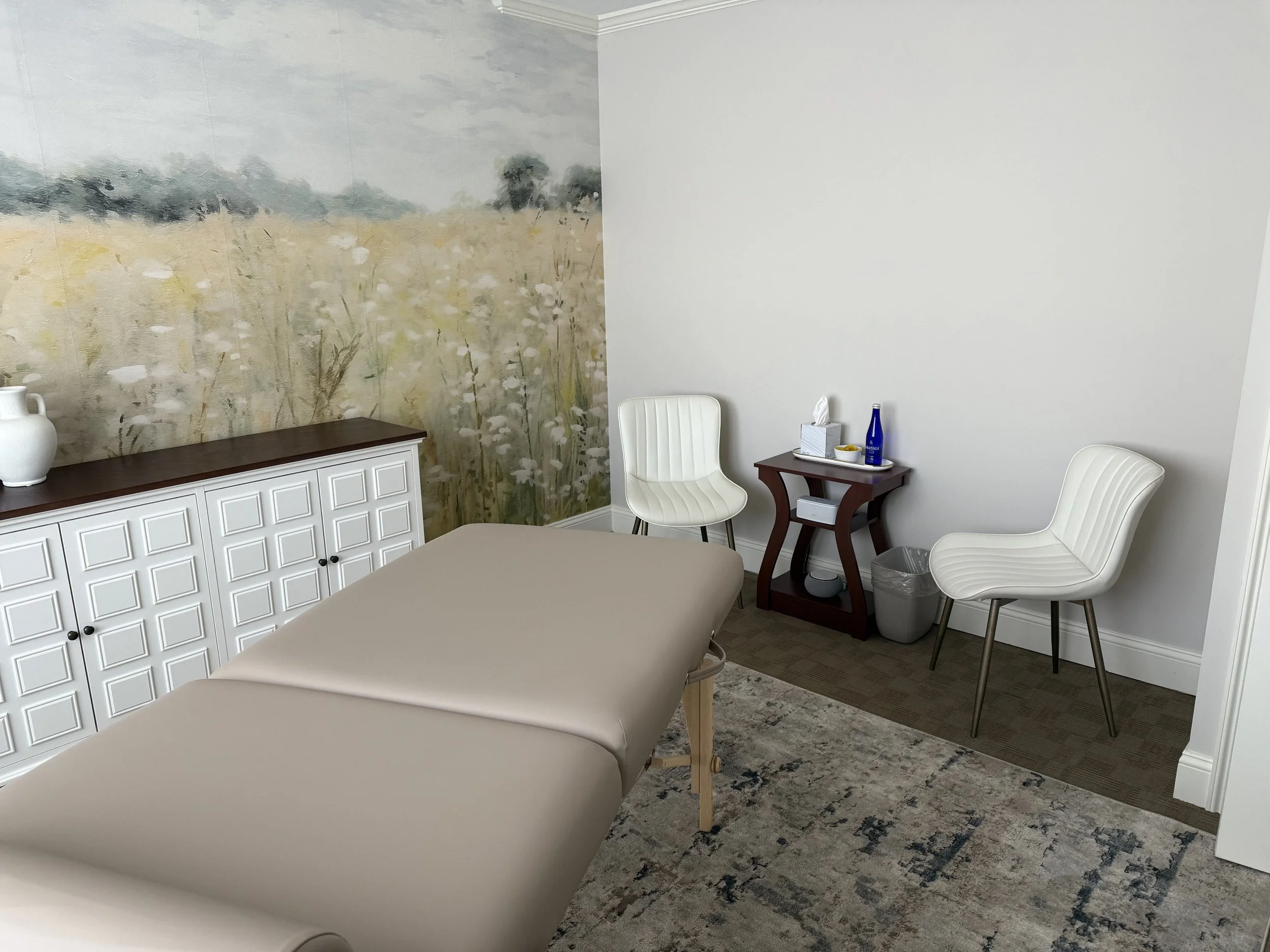 Photo of a room with chairs, table, and a massage table in the center
