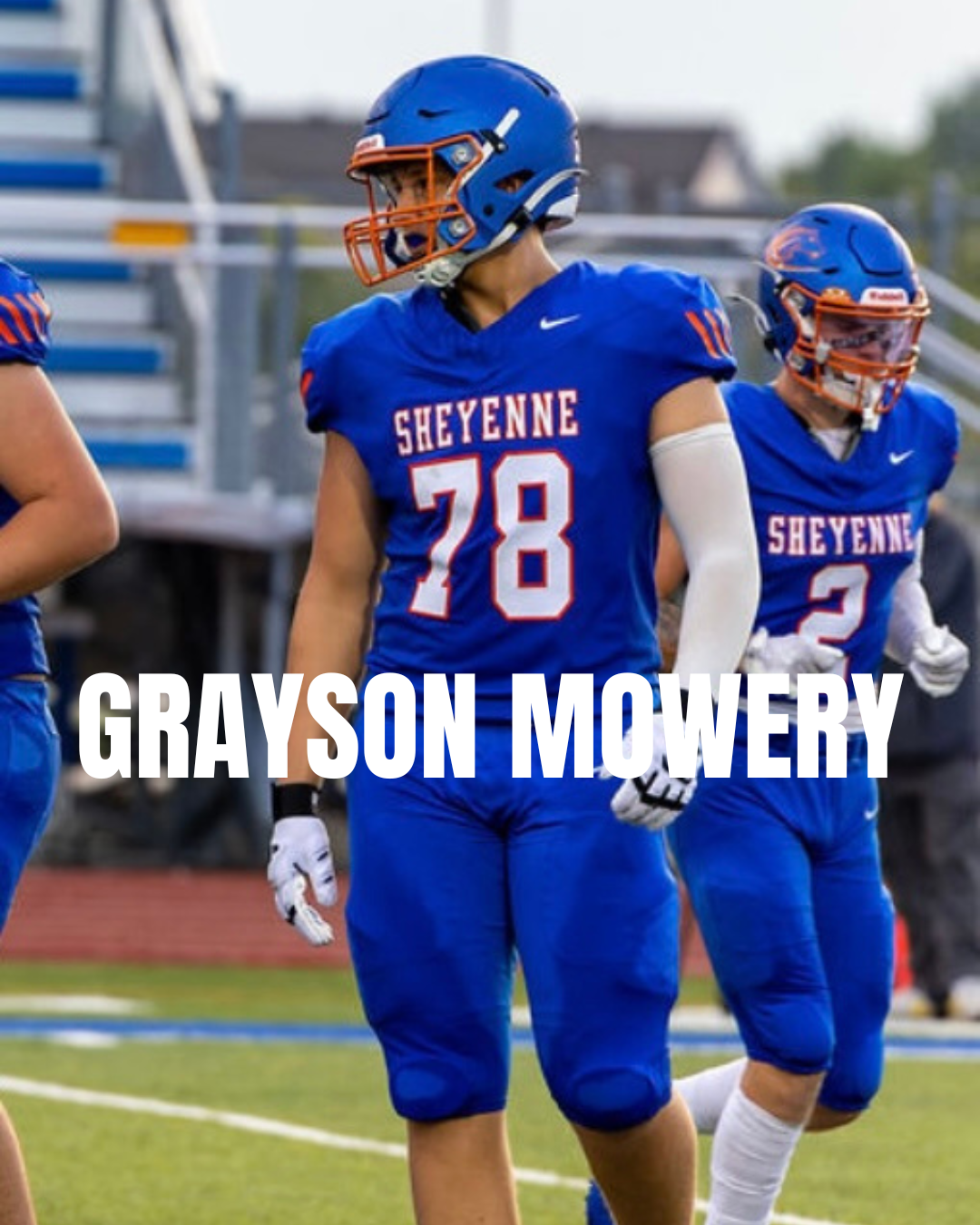 Three American football players from Sheyenne High School wearing blue and orange uniforms during a game. The main player, number 78, is standing with others on the field, with bleachers and a blurred background.
