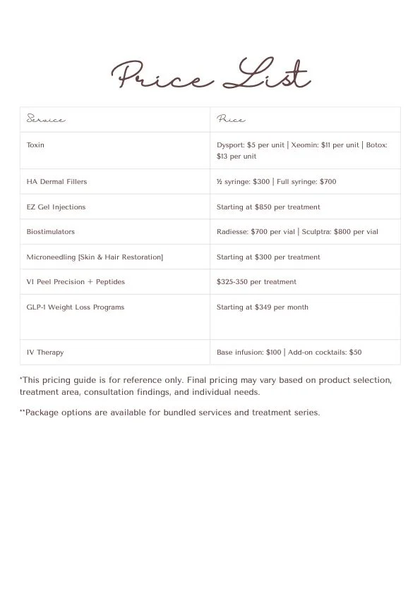 Price list for various cosmetic and wellness treatments, including toxins, dermal fillers, injections, biostimulators, microneedling, peel, weight loss programs, and IV therapy, with pricing details. HWY Space #u02A- Sola Salons, 2901 South Capital o