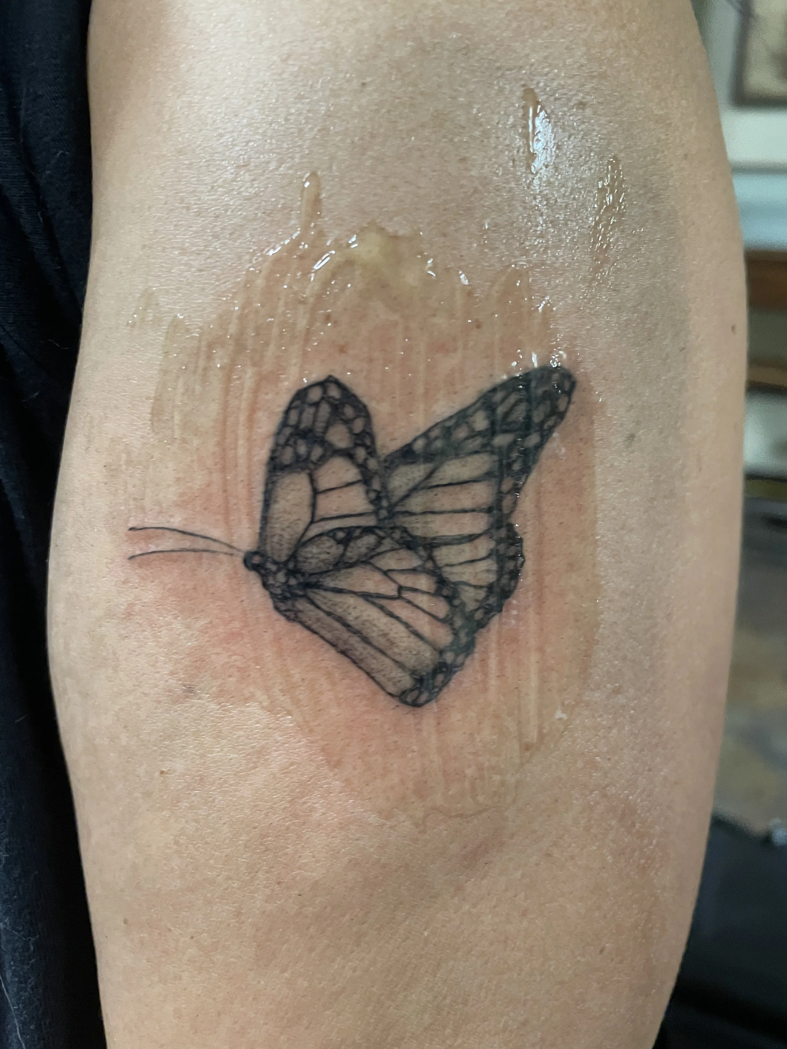 highly detailed realistic fine line tattoo butterfly female tattoo artist black and gray shading