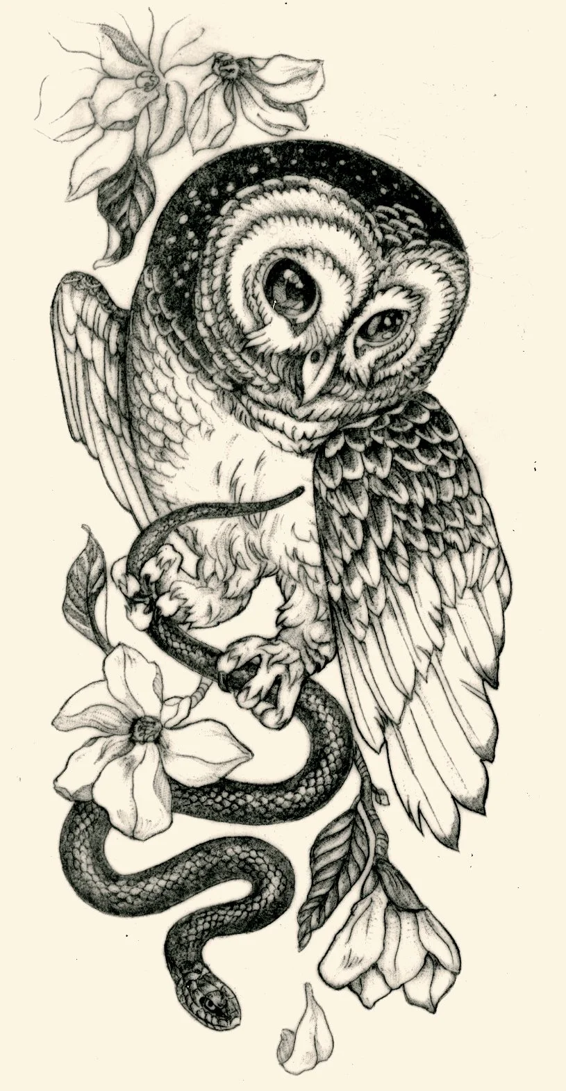 realistic fine line nature tattoo owl tattoo owl with snake wrapped around foot flowers owl sleeve tattoo