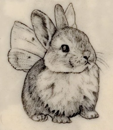 Realistic highly detailed black and gray shaded tattoo of a bunny rabbit with wings soft gradation fine line