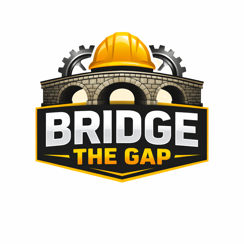 Logo with a bridge, a yellow construction helmet, and gears, with the text 'Bridge the Gap'.